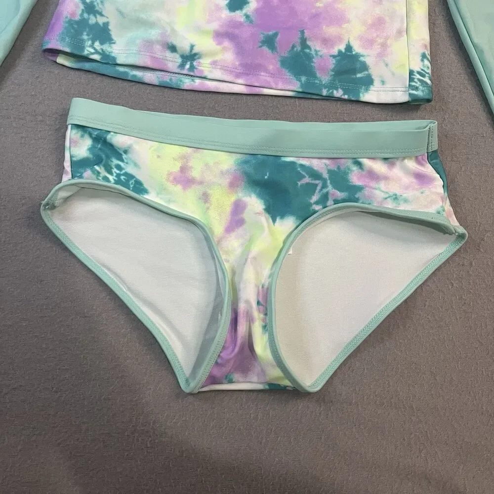 Justice Girls Tie Dye Green Purple Rashguard 2PC Swimsuit Youth Size L 12/14